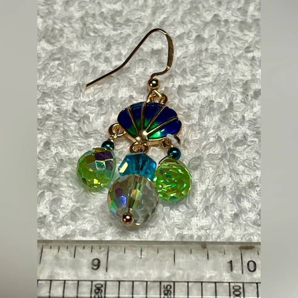 Gold, Green and Blue Shell Dangle Earrings - Picture 4 of 12